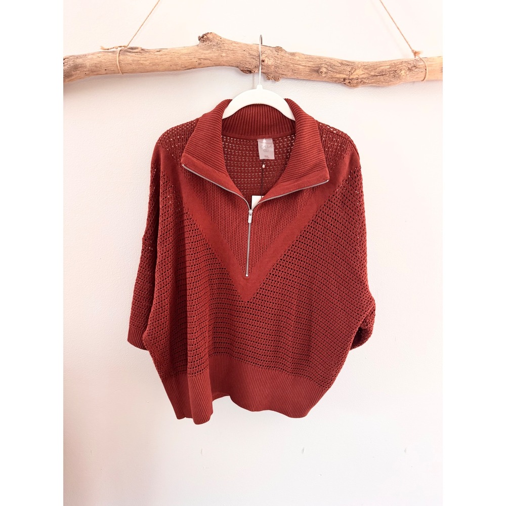 CALIA Womens Open Knit Quarter Zip Pullover Sweater Red Brown XXL WAX15401 NWT